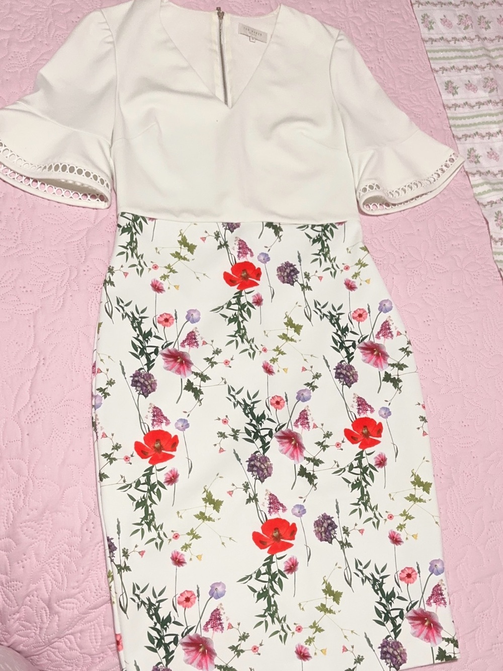 Ted Baker London White Pencil Skirt with Red and Purple Floral Pattern